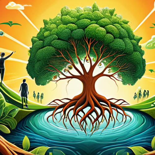 Home 4 **Prompt:** A vibrant, conceptual illustration. A stylized tree or plant with strong, intricate roots growing around a modern brand logo, symbolizing sustainable growth and deep connection to the planet. The tree is lush and green, extending towards a bright, hopeful future. Surrounding elements include diverse, forward-looking people and subtle environmental motifs like clean energy or flowing water, suggesting harmony between business, humanity, and nature. The overall feeling is one of innovation, responsibility, and vital integration. Warm, inviting color palette. High detail, digital art.