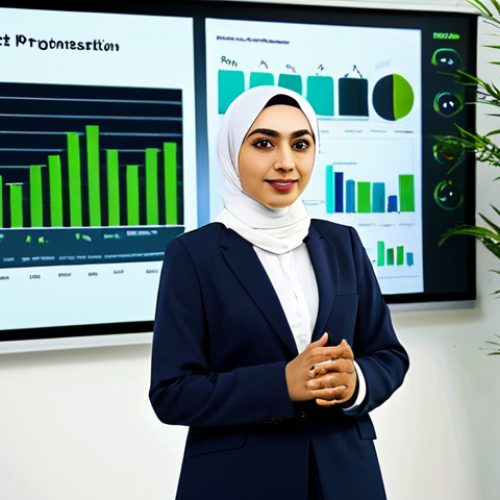 Home 13 Sustainable Business Presentation**
"A professional Arab businesswoman, fully clothed in a modest business suit and hijab, giving a presentation on sustainable marketing strategies. Background: A modern office setting with green plants and a screen displaying eco-friendly data. Safe for work, appropriate content, professional attire, perfect anatomy, correct proportions, natural pose, high quality."
**