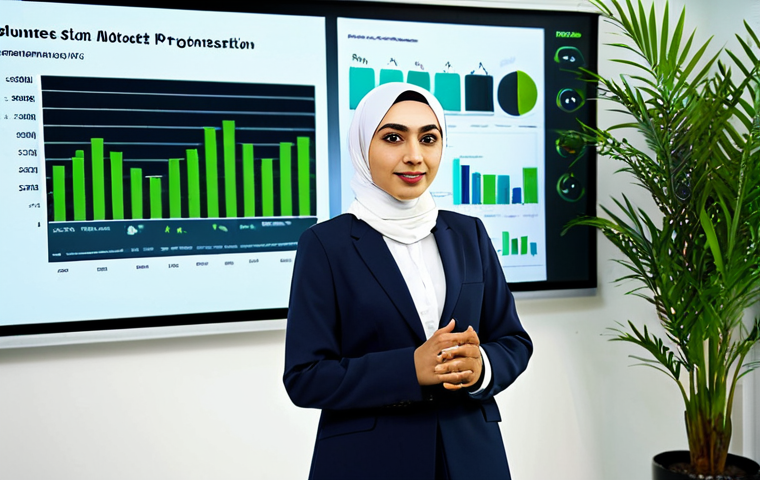 Sustainable Business Presentation**
"A professional Arab businesswoman, fully clothed in a modest business suit and hijab, giving a presentation on sustainable marketing strategies. Background: A modern office setting with green plants and a screen displaying eco-friendly data. Safe for work, appropriate content, professional attire, perfect anatomy, correct proportions, natural pose, high quality."
**