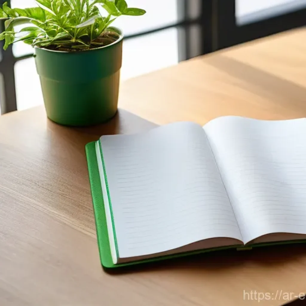 친환경 마케터의 업무 일지 작성법 - **Prompt:** A vibrant, close-up shot of a chic, minimalist "green diary" or notebook, open to a page...