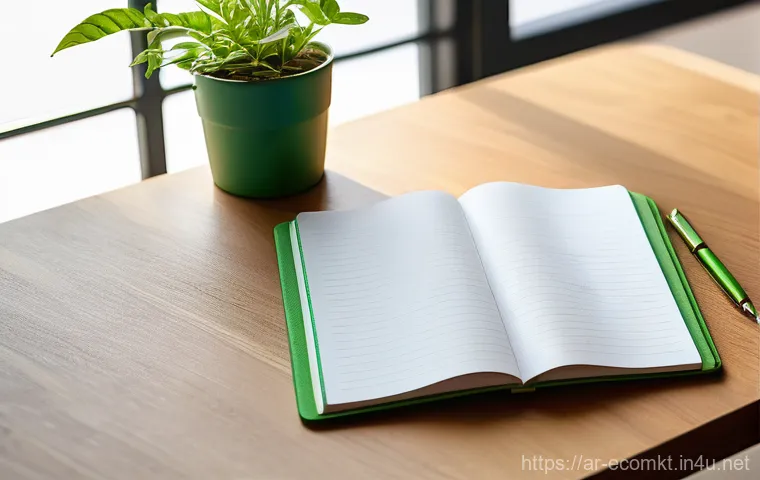 친환경 마케터의 업무 일지 작성법 - **Prompt:** A vibrant, close-up shot of a chic, minimalist "green diary" or notebook, open to a page...