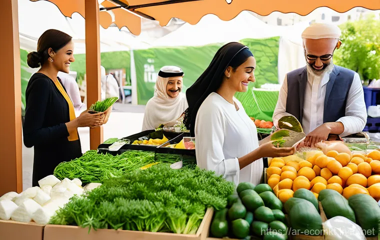 친환경 마케터 자격 취득 절차 - **Prompt:** A diverse group of modern Arab consumers, including a family with a toddler in a clean d...