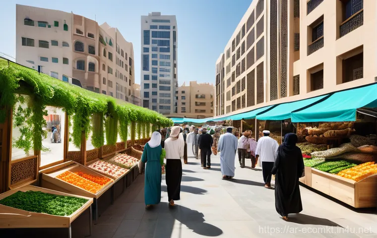 친환경 마케팅 자격증 시험 준비 - **Prompt:** A vibrant, bustling outdoor market scene in a modern Arab city. The stalls are beautiful...