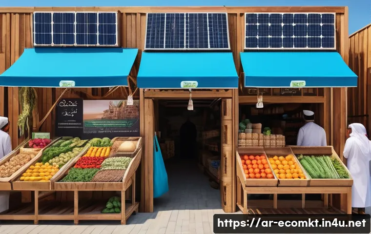 친환경 마케팅 직무 기술 향상 - A modern Middle Eastern marketplace scene focused on sustainable products, featuring a variety of or...