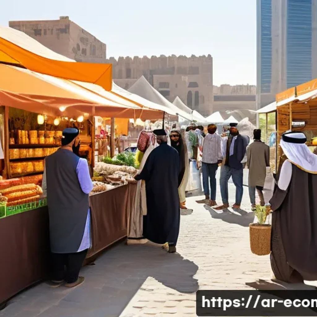 친환경 마케팅 이직 전략 - A vibrant Middle Eastern urban marketplace scene showcasing eco-friendly products and services, with...