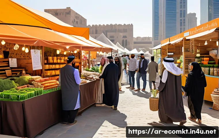 친환경 마케팅 이직 전략 - A vibrant Middle Eastern urban marketplace scene showcasing eco-friendly products and services, with...