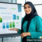 Home 22 친환경 마케터로서 경력 관리 - A confident Middle Eastern environmental marketer presenting a detailed infographic on sustainable t...