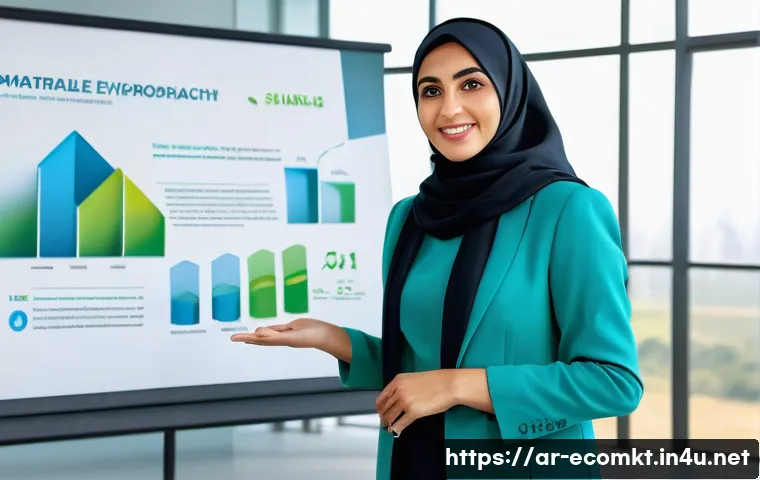 친환경 마케터로서 경력 관리 - A confident Middle Eastern environmental marketer presenting a detailed infographic on sustainable t...