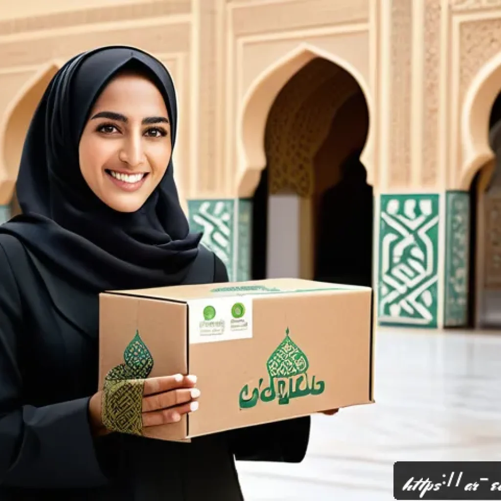 친환경 마케팅 실무 기술 습득 - A modern eco-friendly product packaging scene set in a Middle Eastern marketplace, featuring recycla...