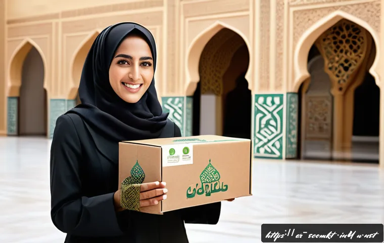 친환경 마케팅 실무 기술 습득 - A modern eco-friendly product packaging scene set in a Middle Eastern marketplace, featuring recycla...