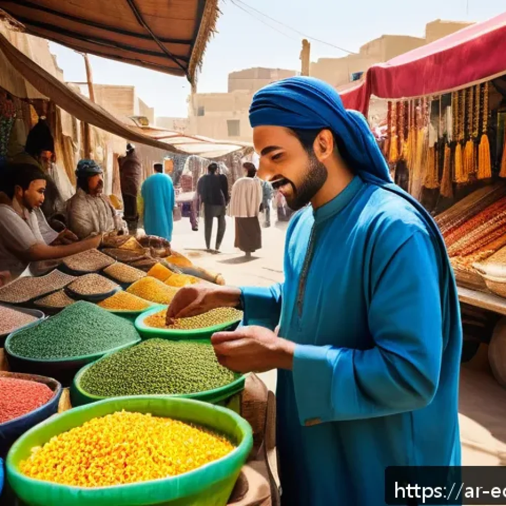 친환경 마케팅 분야 최신 이론 - A vibrant Middle Eastern market scene featuring eco-friendly products with biodegradable packaging p...