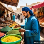Home 20 친환경 마케팅 분야 최신 이론 - A vibrant Middle Eastern market scene featuring eco-friendly products with biodegradable packaging p...