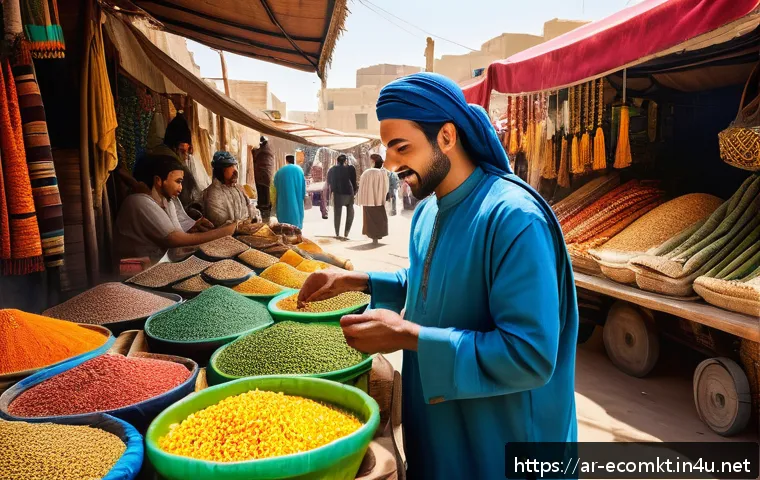 친환경 마케팅 분야 최신 이론 - A vibrant Middle Eastern market scene featuring eco-friendly products with biodegradable packaging p...