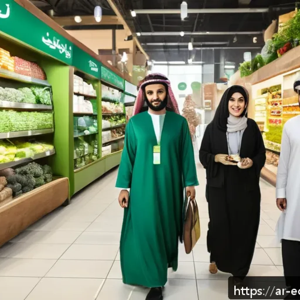 친환경 마케팅 실무 성과 측정 - A vibrant Middle Eastern urban market scene focused on eco-friendly consumer behavior: diverse Arab ...