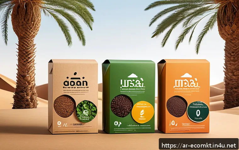 친환경 마케팅 이론 정리 - A modern Middle Eastern eco-friendly packaging design scene showing sustainable materials like recyc...