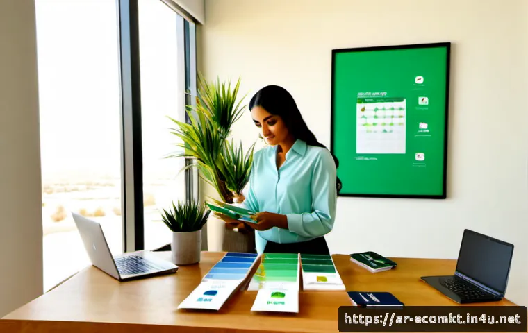 친환경 마케터의 업무 프로세스 정리 - Photorealistic eco-friendly marketing strategist in modest professional attire, working at a sunlit ...