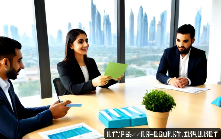 친환경 마케팅 산업 동향 - Photorealistic sustainable marketing strategy meeting in a modern Gulf-region office, diverse Arab b...